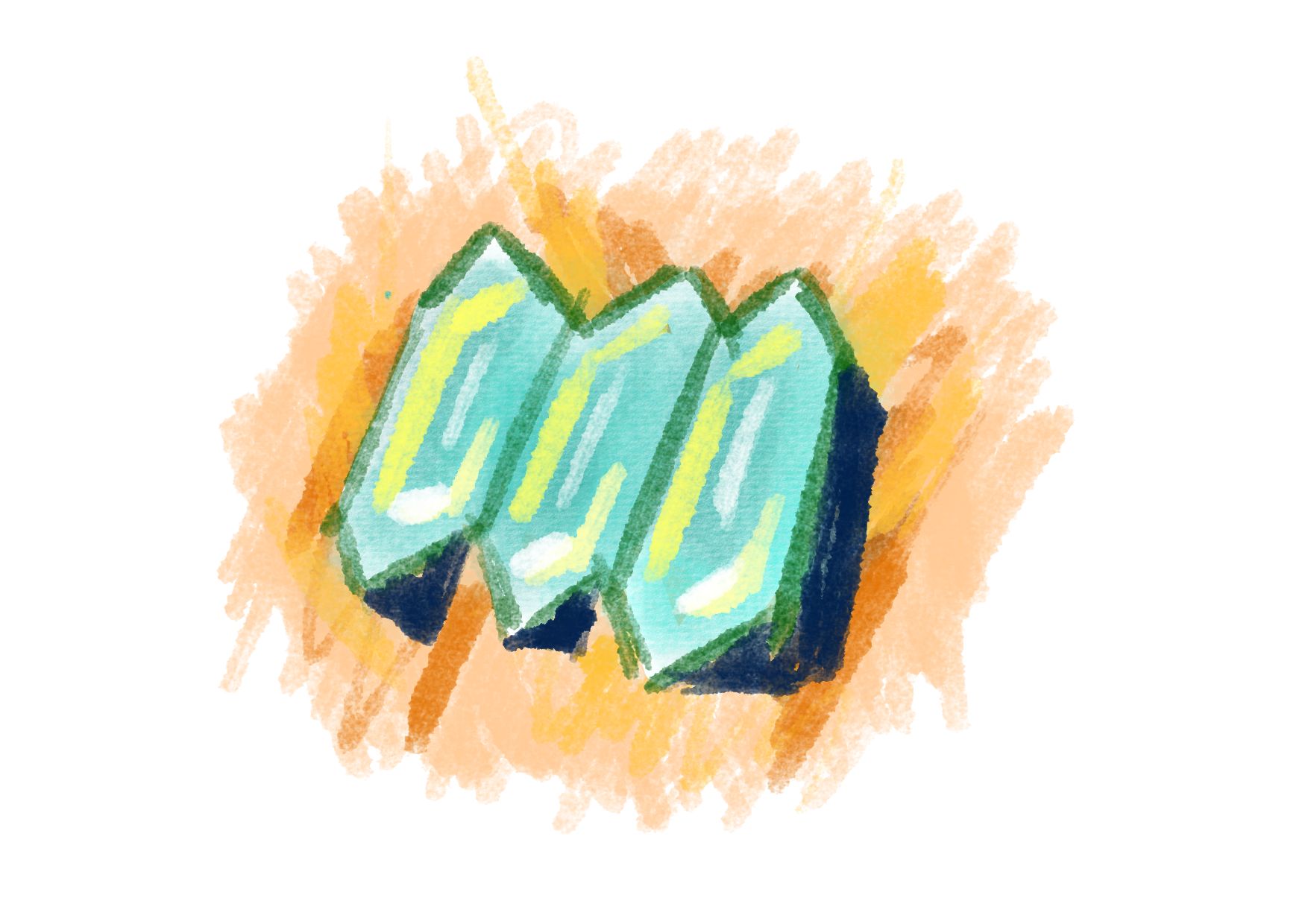 three gems, poorly drawn, gleaming on top of orange. Somewhat abstract.