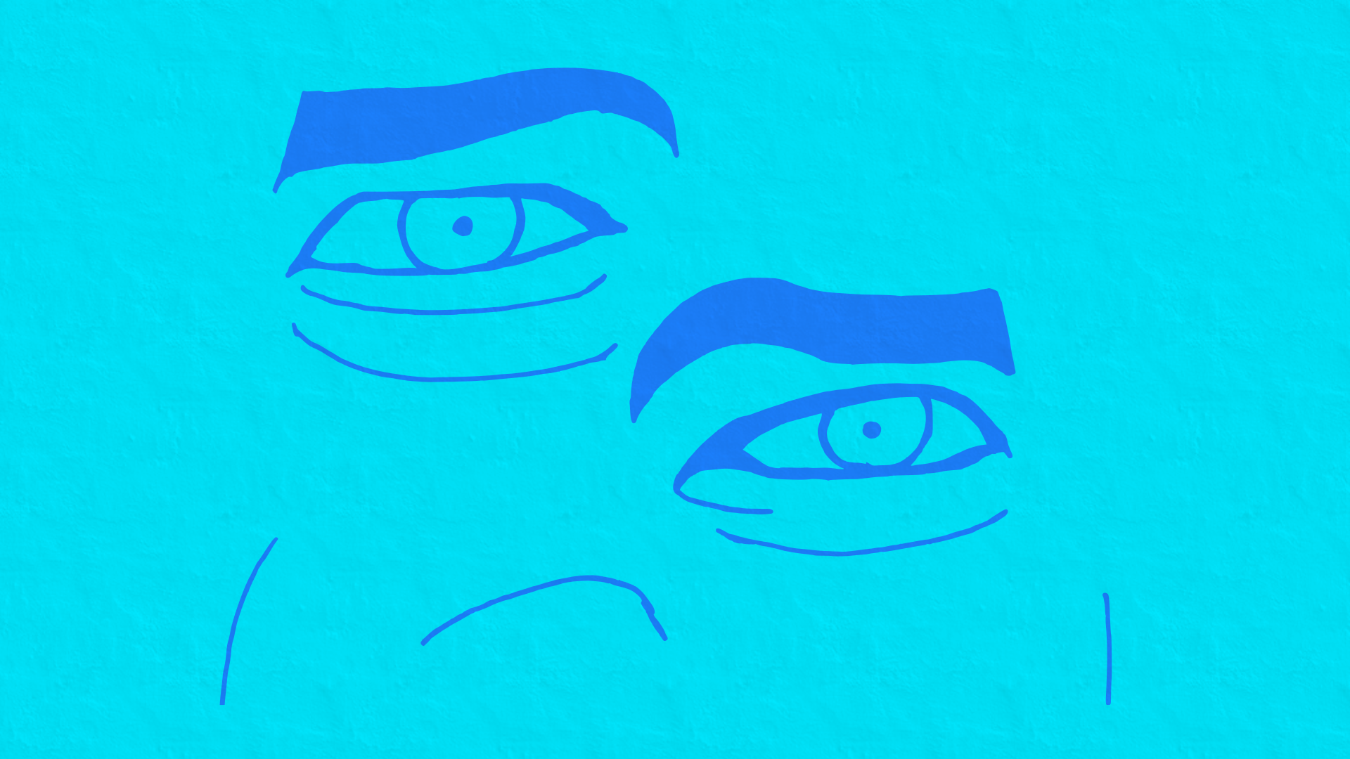 Lines for eyes and thick eyebrows, in the wrong places ― elements of a face ― in purple on a blue textured background.